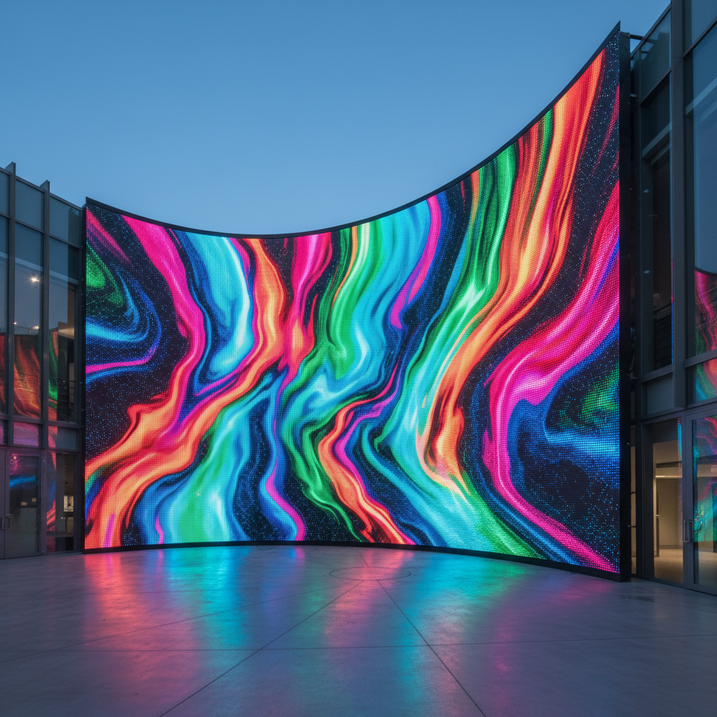 Large curved outdoor LED screen displaying colorful swirling abstract patterns at dusk.
