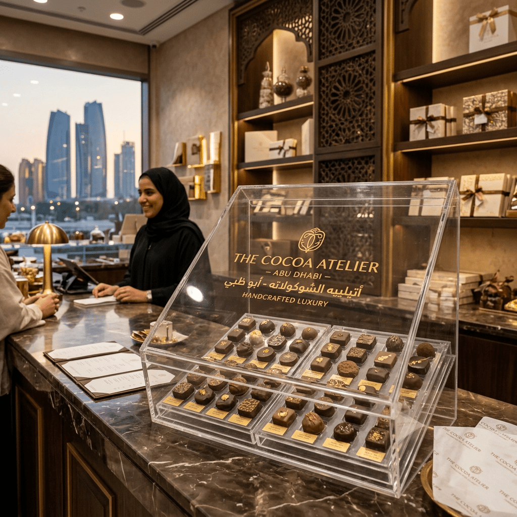 Display case filled with assorted handcrafted luxury chocolates at The Cocoa Atelier Abu Dhabi